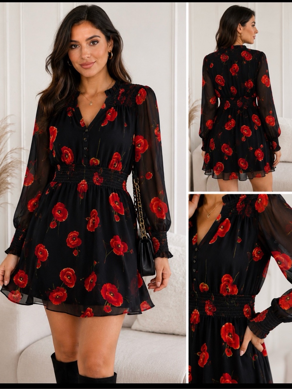 INTERMIX Black Dress with Red Floral Print — Long Sleeve Mini